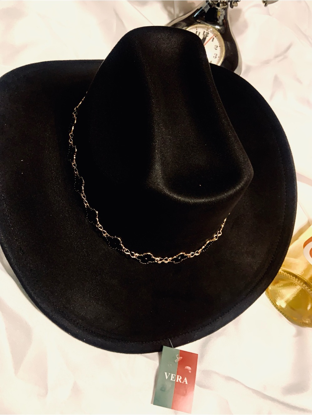 Black Women's Felt Cowboy Hat/ Gold Chain Detai WITH FREE GLAM JEWELRY - Picture 6 of 8